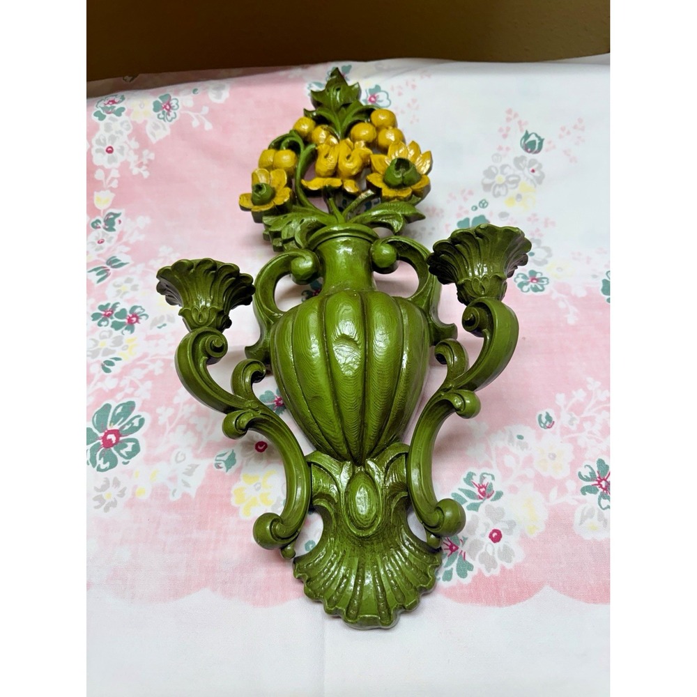 Vintage HOMCO Green Yellow Floral Candelabra Wall Hanging 3D Decor